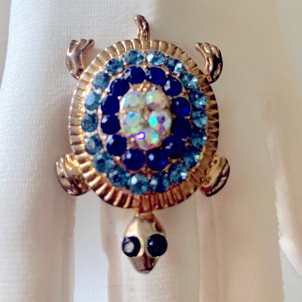 Turtle Ring Blue Crystal Adjustable - image 1